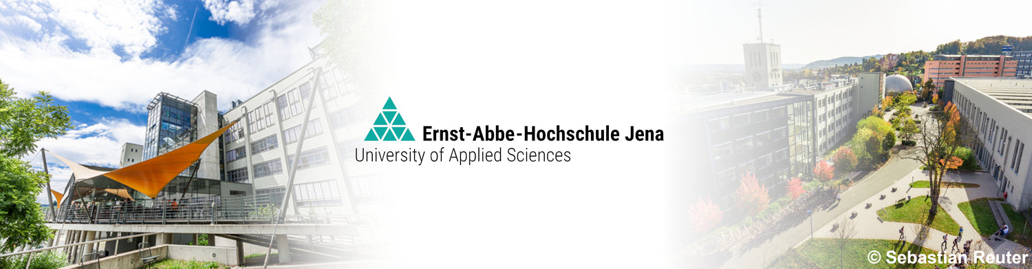 Logo der Ernst-Abbe-Hochschule Jena, horizontal von 2 Bildern des Campus von Sebastian Reuter eingerahmt