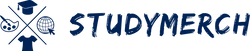 Logo des Online-Shops StudyMerch; links: Icon, rechts: Name StudyMerch; Icon bestehend aus Farbpalette, Absolventenhut, T-Shirt und Weltkugel mit Mauszeiger steht für online angebotene kreative Mode passend zum Studium